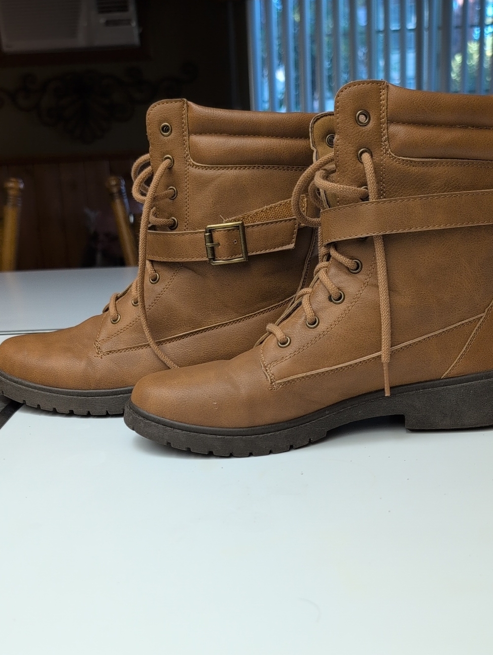 Women's Tan Lace-Up Buckle Combat Boots